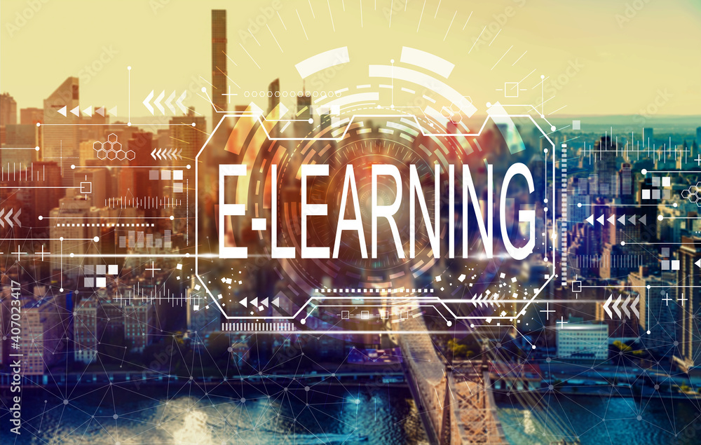 E-learning concept with the New York City skyline near midtown