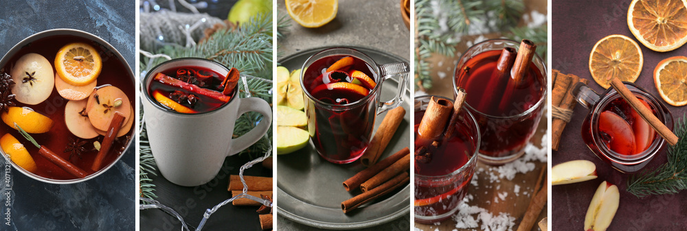 Collage of tasty mulled wine on table