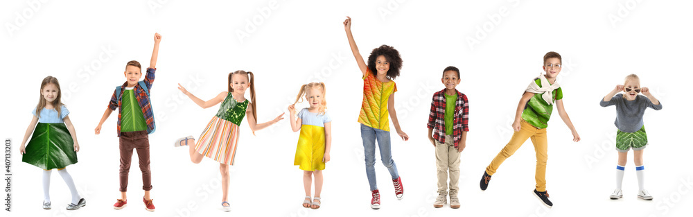 Different children in eco clothes on white background