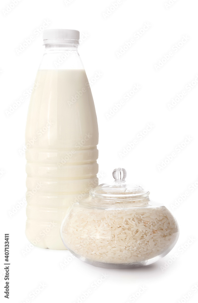 Bottle of rice milk on white background