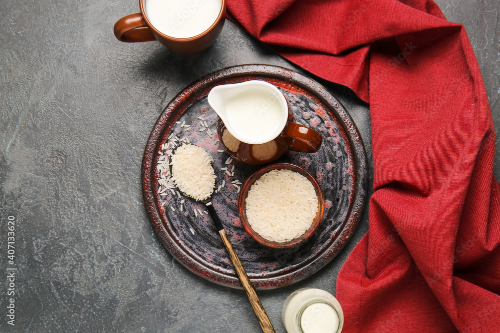 Healthy rice milk on dark background