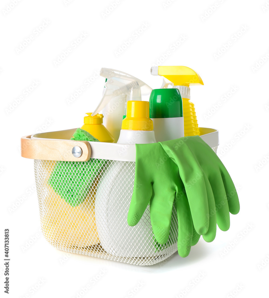 Set of cleaning supplies on white background