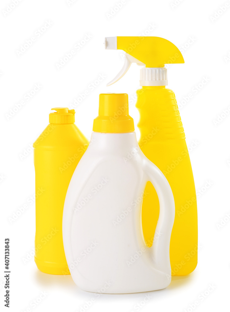 Set of cleaning supplies on white background