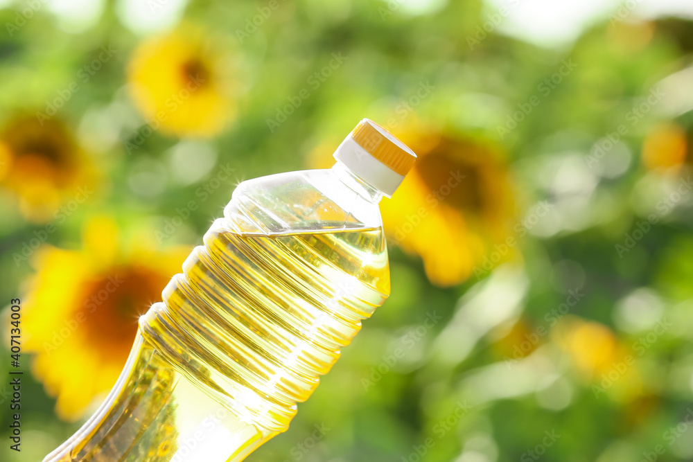 Bottle of oil on sunflower field, closeup