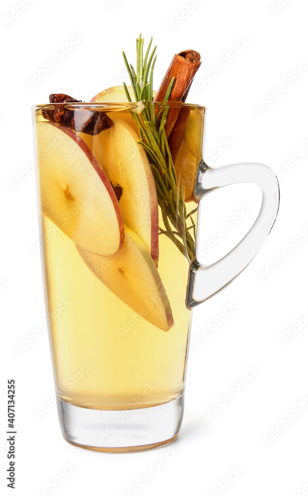 Tasty drink with spices and apple slices in cup on white background