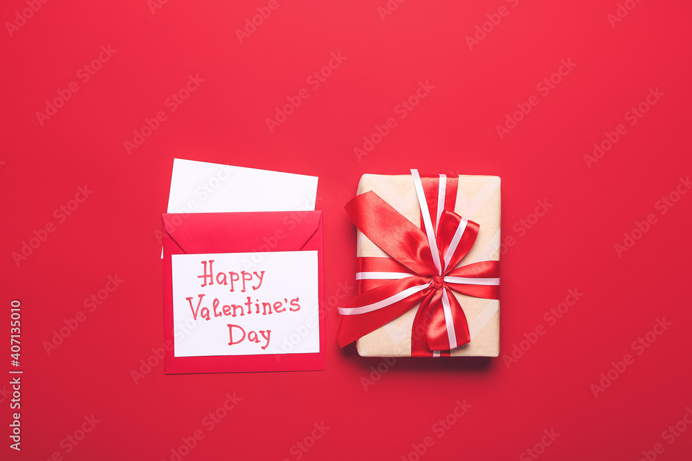 Gift and greeting card for Valentines Day celebration on color background