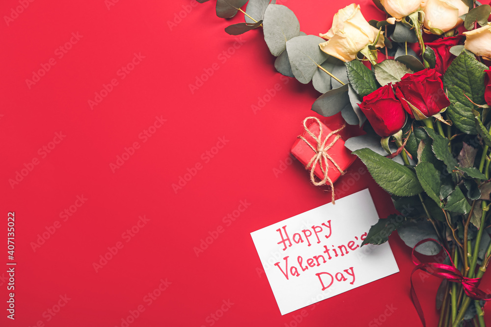 Gift, rose flowers and greeting card for Valentines Day celebration on color background