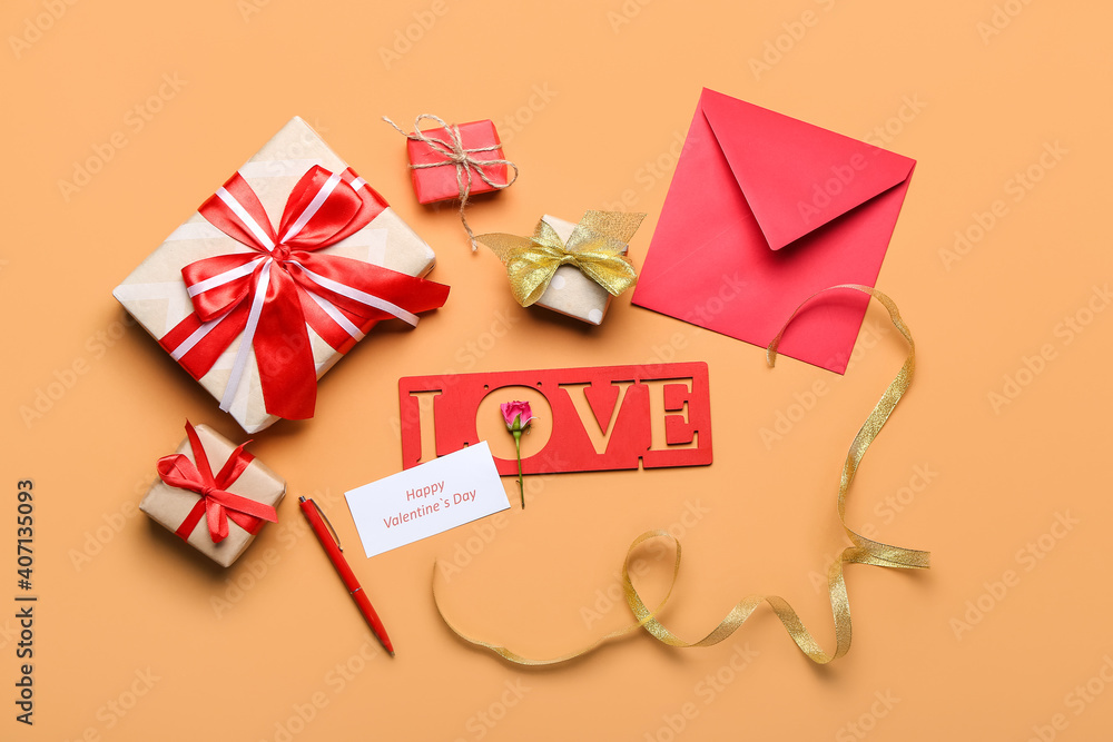 Festive composition for Valentines Day celebration on color background