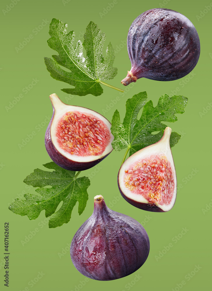 Flying fig and leaves isolated on green background