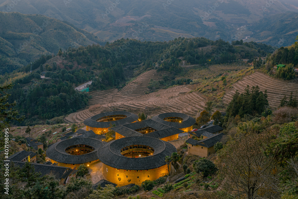 The night view of Tulous, a historic Chinese architecture in Fujian province, China.