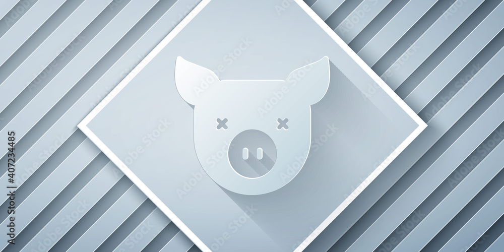 Paper cut Pig icon isolated on grey background. Animal symbol. Paper art style. Vector.