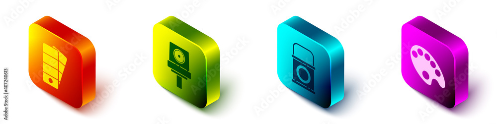 Set Isometric Palette, Spray can nozzle cap, Paint bucket and Palette icon. Vector.