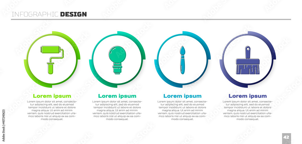 设置油漆滚筒刷、灯泡、油漆刷和油漆刷。商业信息图模板。Vect