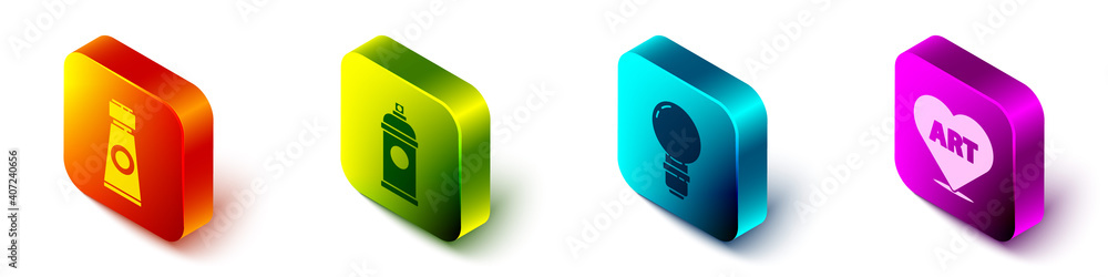 Set Isometric Tube with paint palette, Paint spray can, Light bulb and Heart with text art icon. Vec