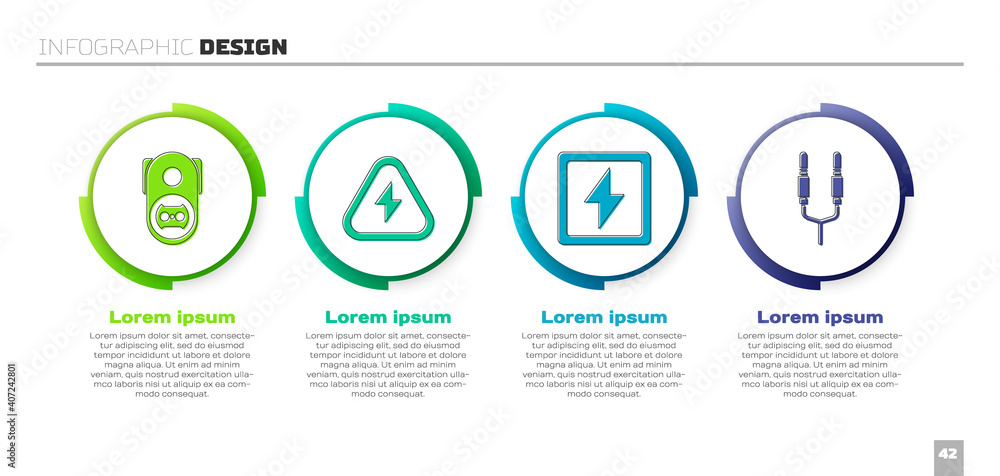 设置电源插座、高压、闪电和音频插孔。商业信息图模板.V