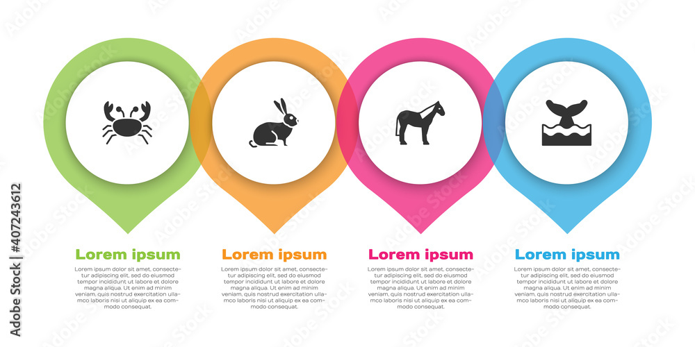 在海浪中设置螃蟹、兔子、马和鲸鱼尾巴。商业信息图表模板。矢量。