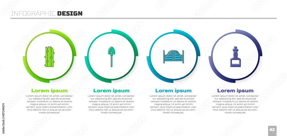 Set Cactus, Shovel, Saloon door and Tabasco sauce. Business infographic template. Vector.