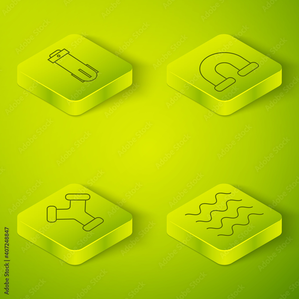 Set Isometric Industry metallic pipe, Industry metallic pipe, Wave and Water filter icon. Vector.