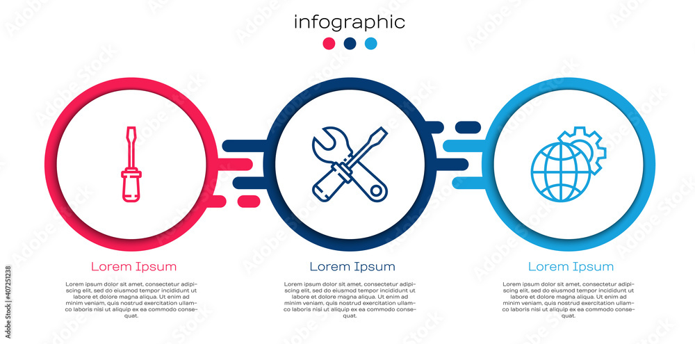 套装螺丝刀、扳手和地球齿轮。商业信息图模板。