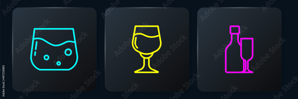 Set line Glass of whiskey, Wine bottle with glass and . Black square button. Vector.