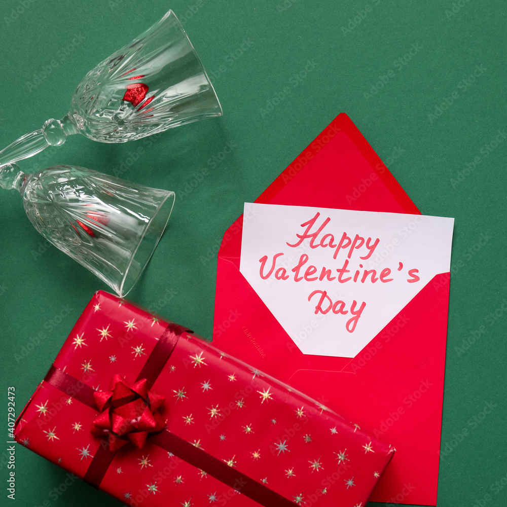 Composition with gift for Valentines Day on color background