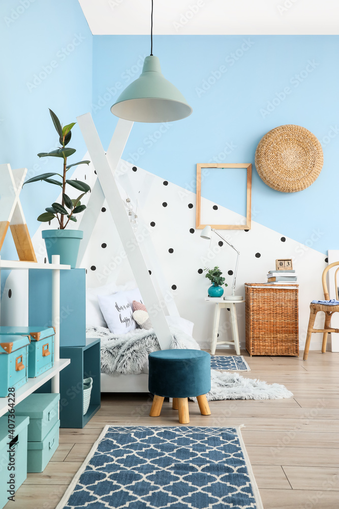 Interior of modern childrens room with comfortable bed