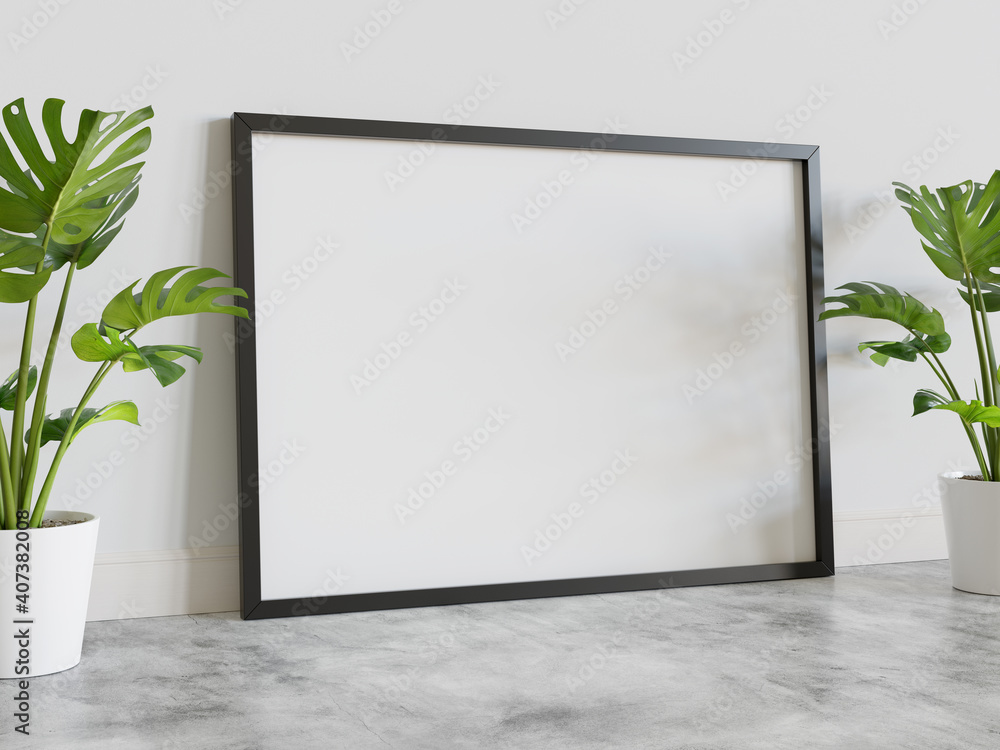 Black frame leaning on floor in interior mockup. Template of a picture framed on a wall 3D rendering