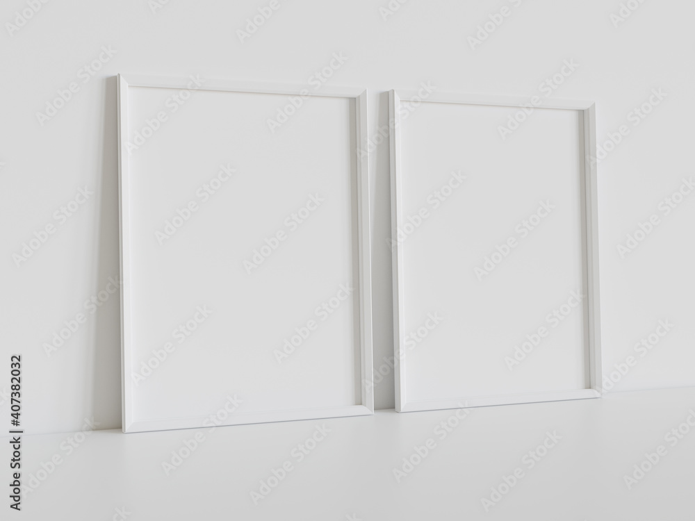 Two white frames leaning on white floor in interior mockup. Template of pictures framed on a wall 3D