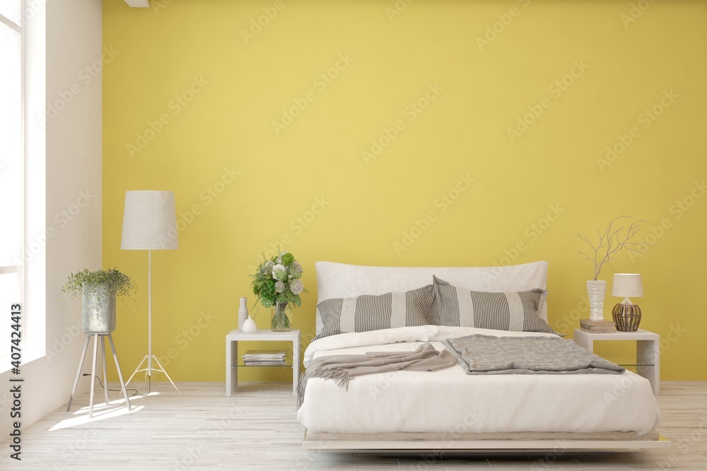 Yellow bedroom interior. Scandinavian design. 3D illustration