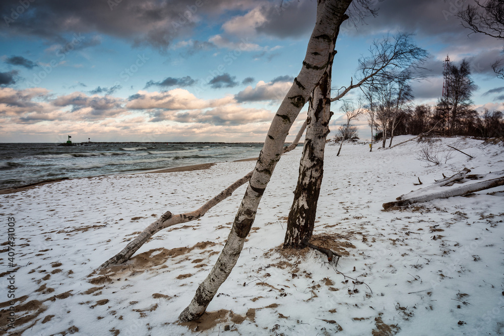 波兰格但斯克波罗的海积雪海滩的冬季景观