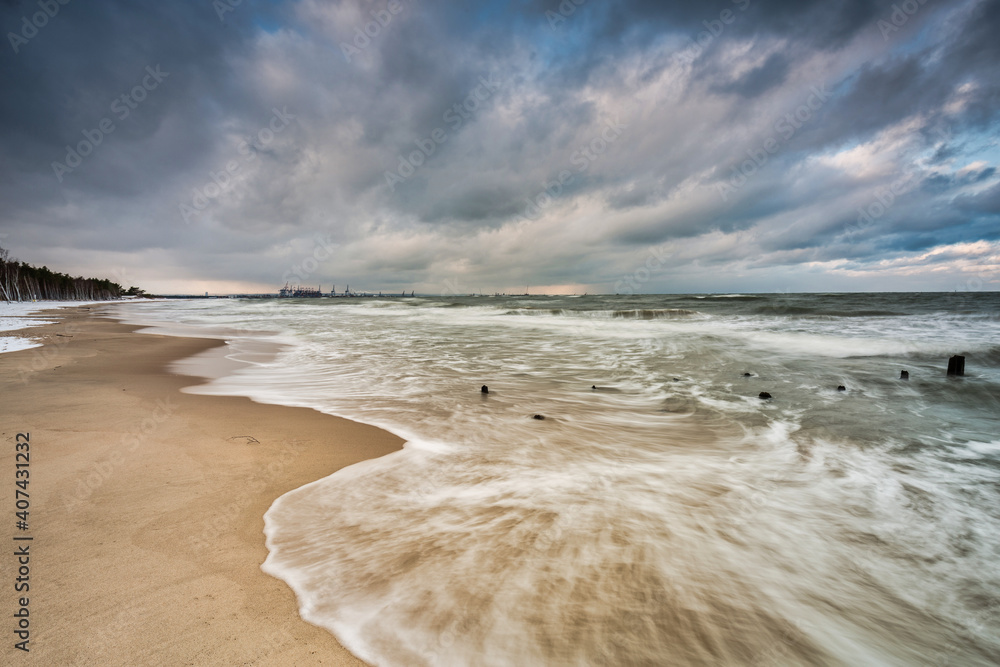 Winter landscape of a snow covered beach at Baltic Sea in Gdansk. Poland