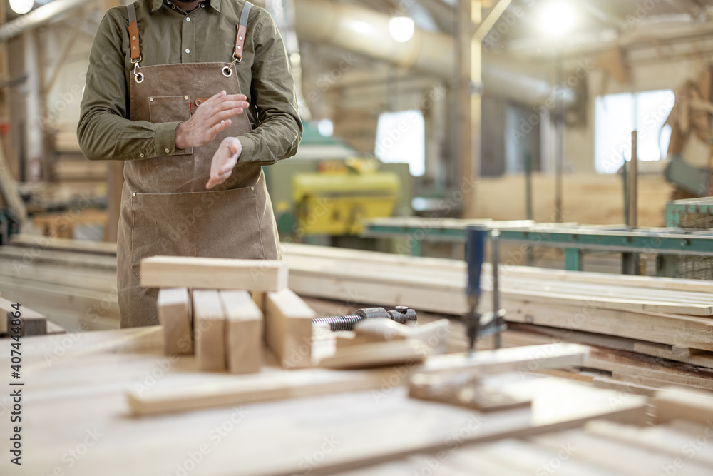 Carpentry employee in manufactory with wood