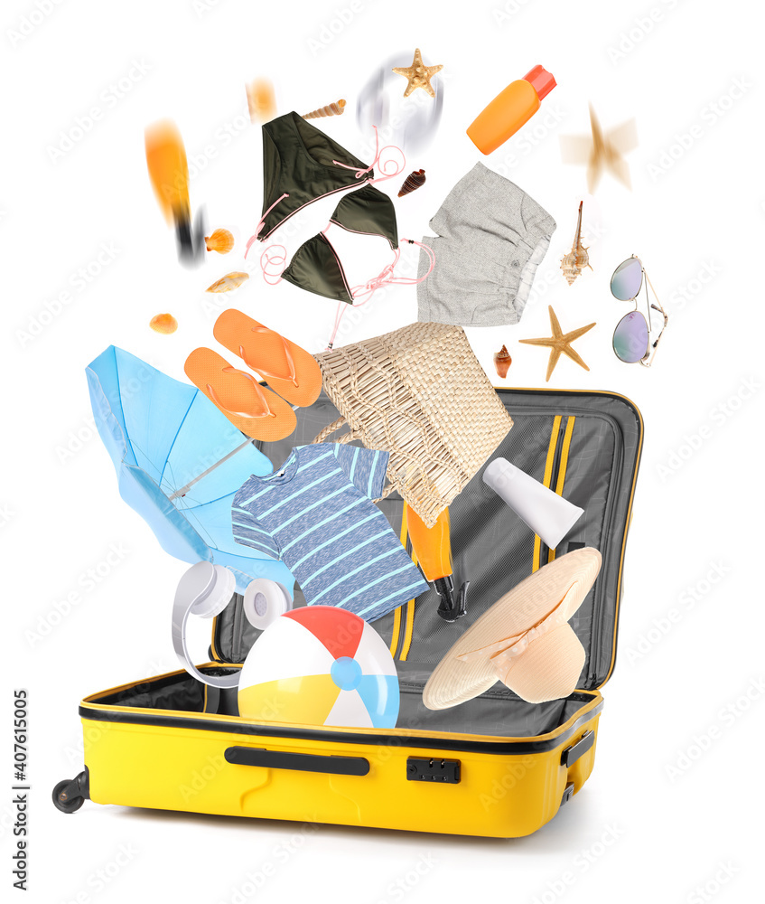 Open empty suitcase on white background