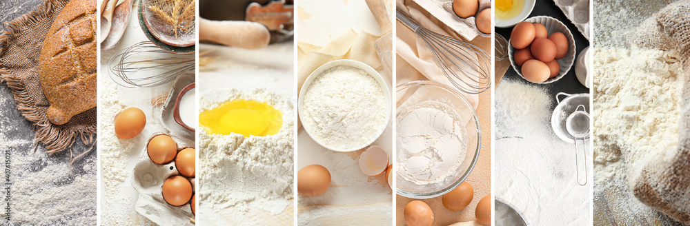 Collage of kitchen utensils and flour on table