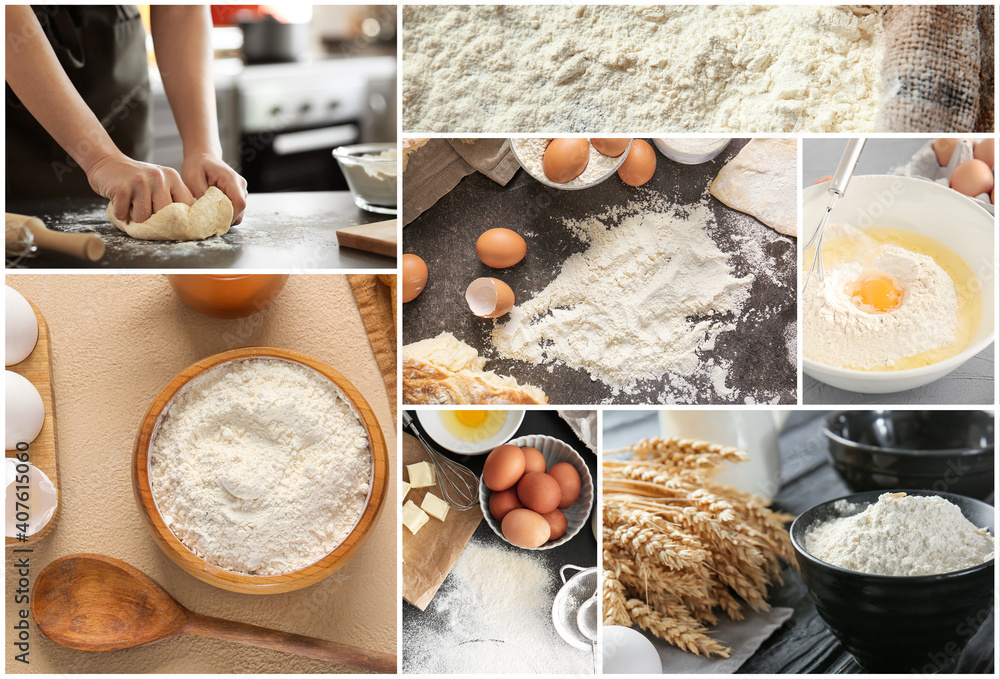 Collage of fresh dough and flour