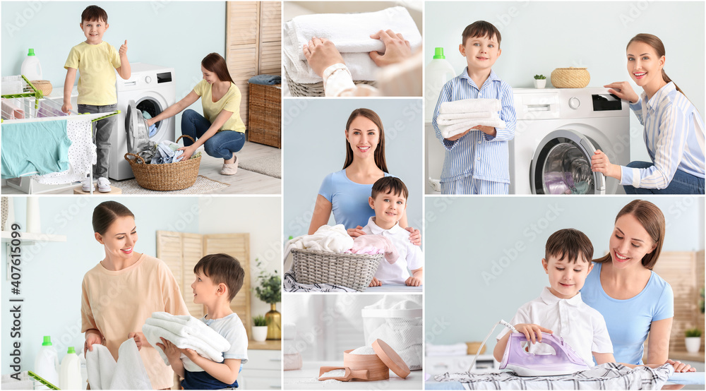 Young woman with clean laundry on grey background