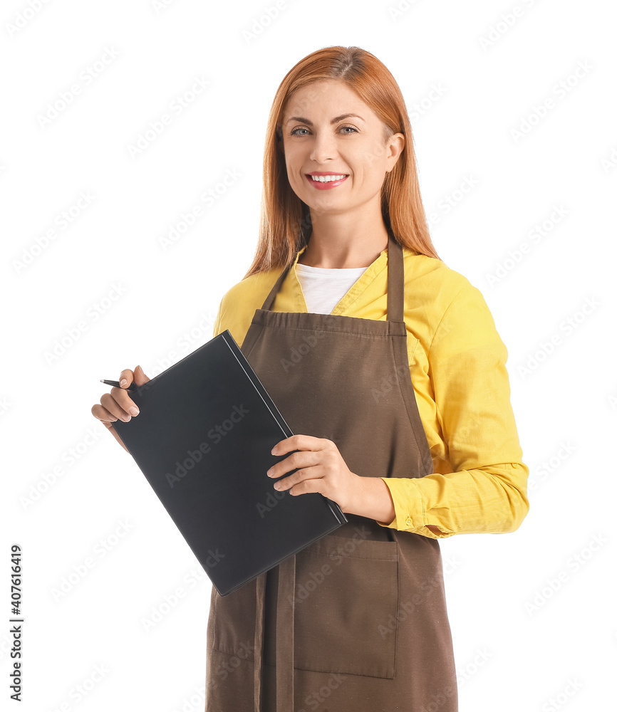 Young waitress holding menu on white background