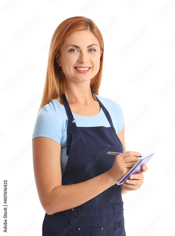 Beautiful young woman with notebook on white background