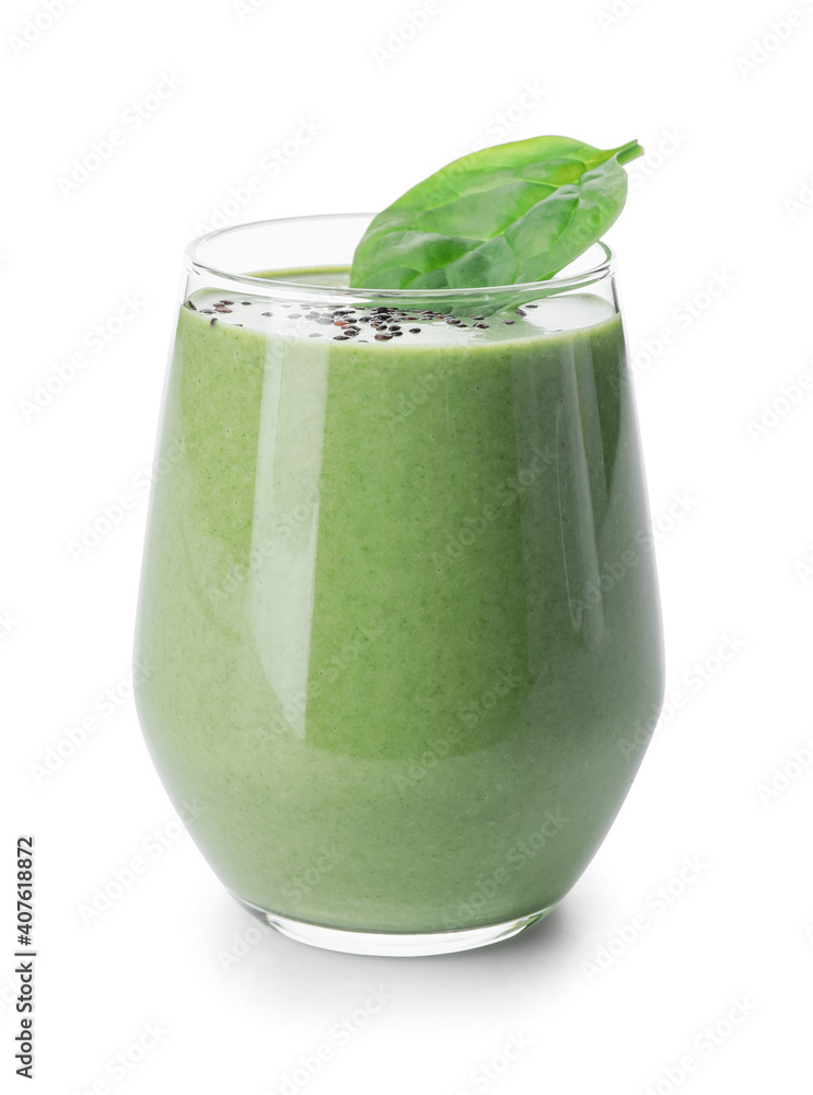 Glass of healthy spinach smoothie on white background