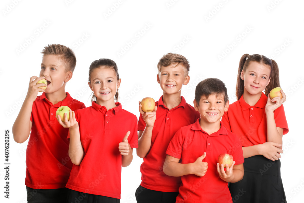 Children with apples on white background