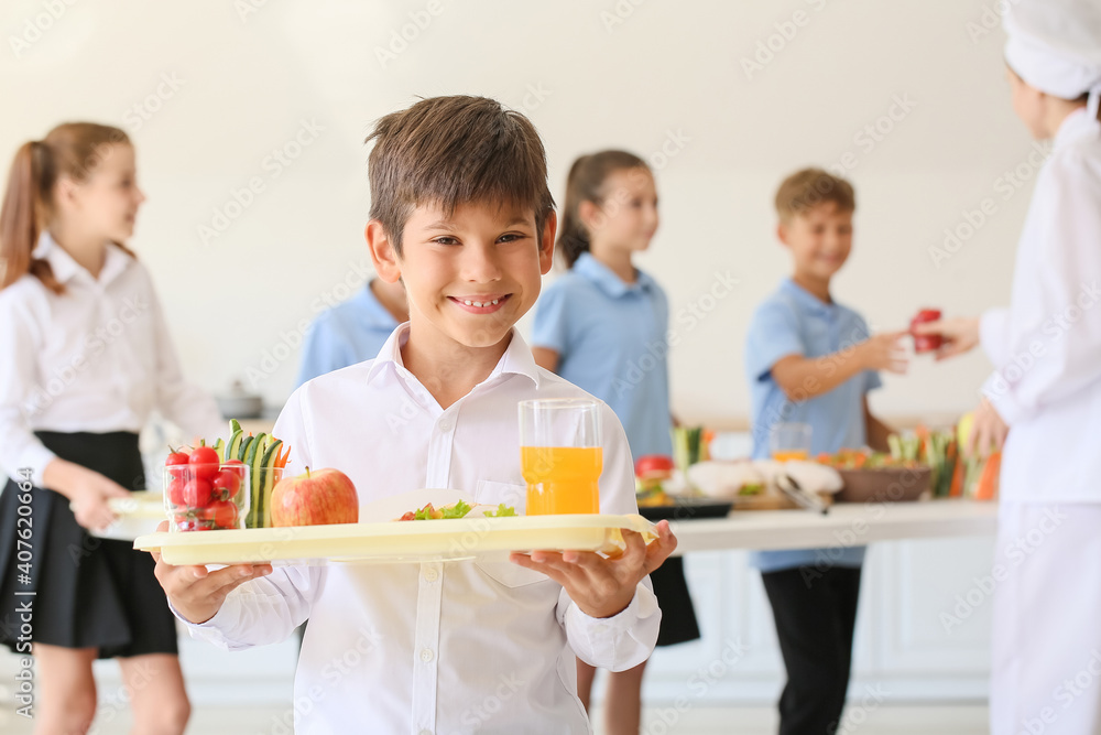 Schoolboy having lunch in school canteen