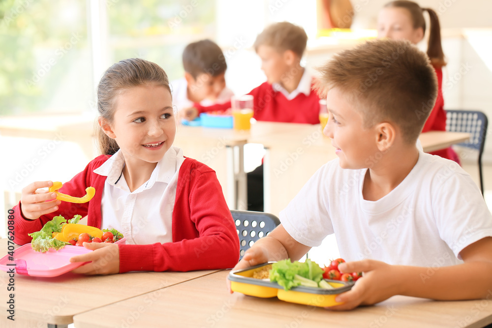 Pupils having healthy lunch in classroom