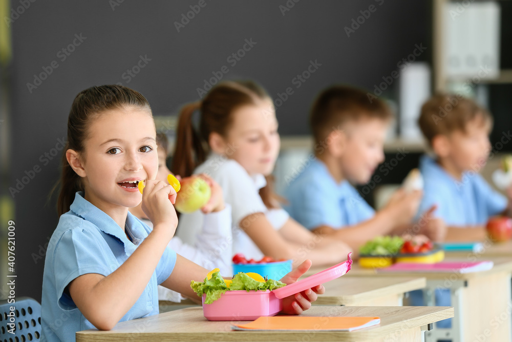 Pupils having healthy lunch in classroom