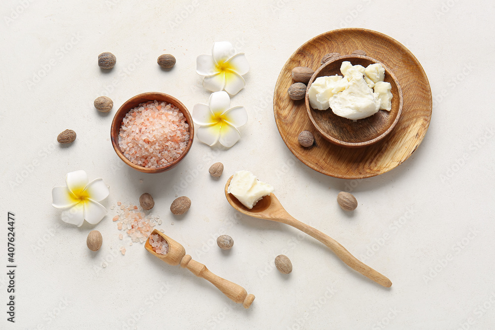 Shea butter with sea salt on light background