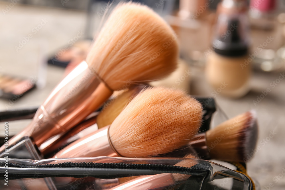 Bag with makeup brushes, closeup