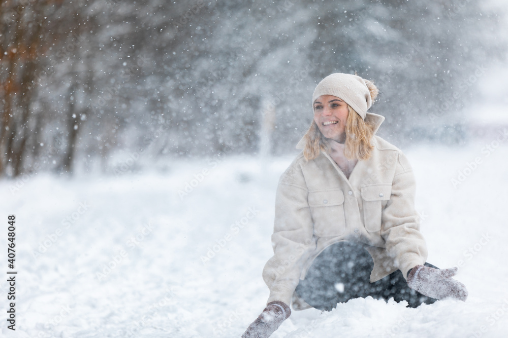 Beautiful girl in amazing snowy land