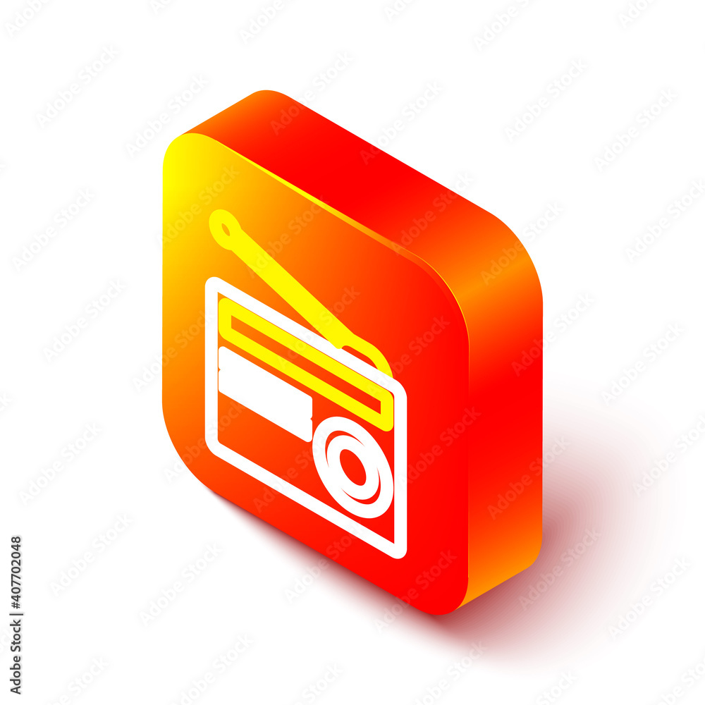 Isometric line Radio with antenna icon isolated on white background. Orange square button. Vector Il