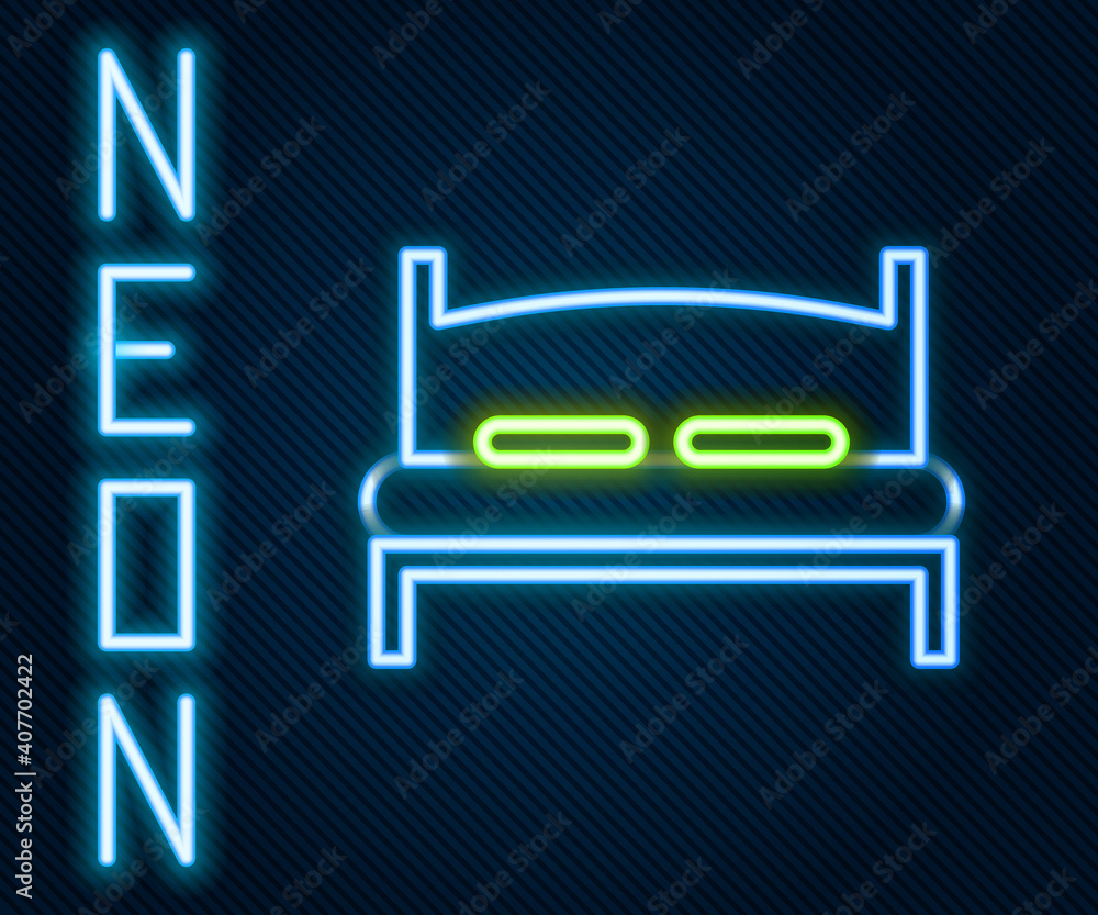 Glowing neon line Big bed for two or one person icon isolated on black background. Colorful outline 