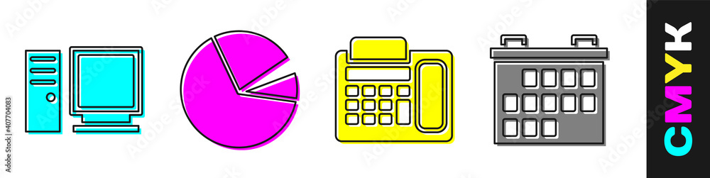 设置电脑显示器、饼图信息图、电话和日历图标。矢量。