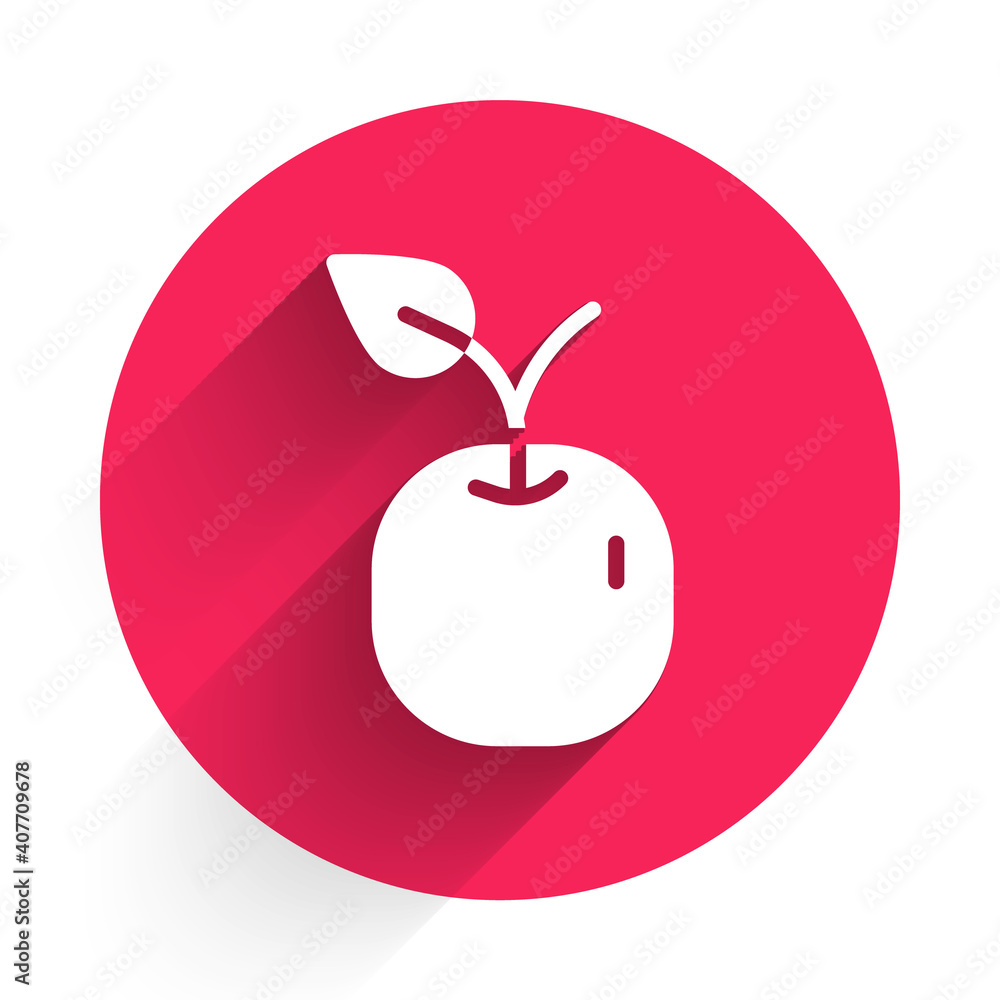 White Apple icon isolated with long shadow. Fruit with leaf symbol. Red circle button. Vector.